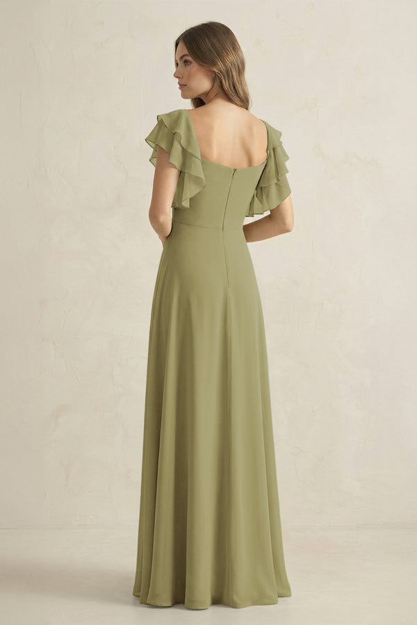 Moss Green Ruffled Sleeves A-Line Chiffon Bridesmaid Dress (2) | KISSBRIDAL