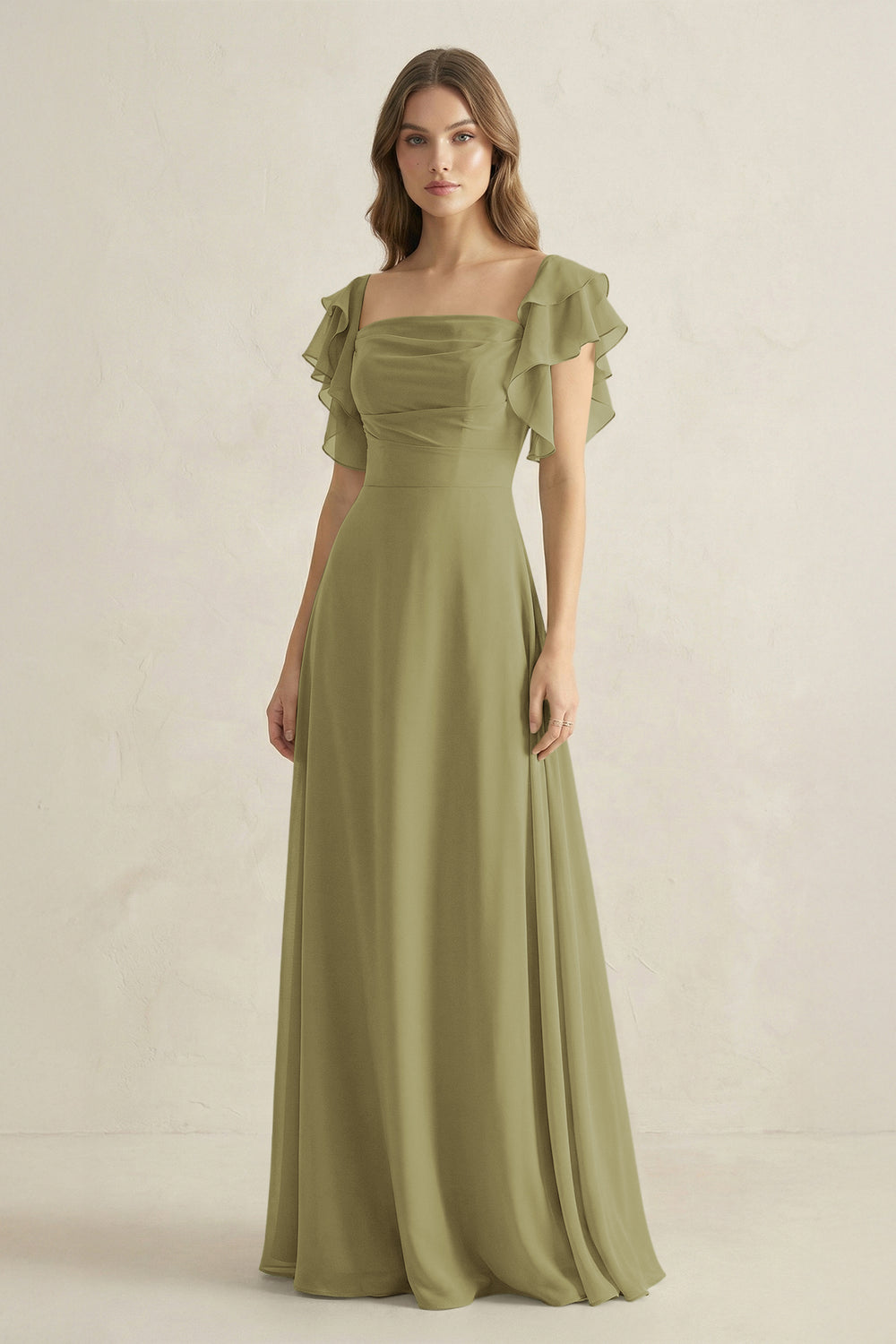 Ruffled Sleeves A-Line Chiffon Bridesmaid Dress in Moss Green