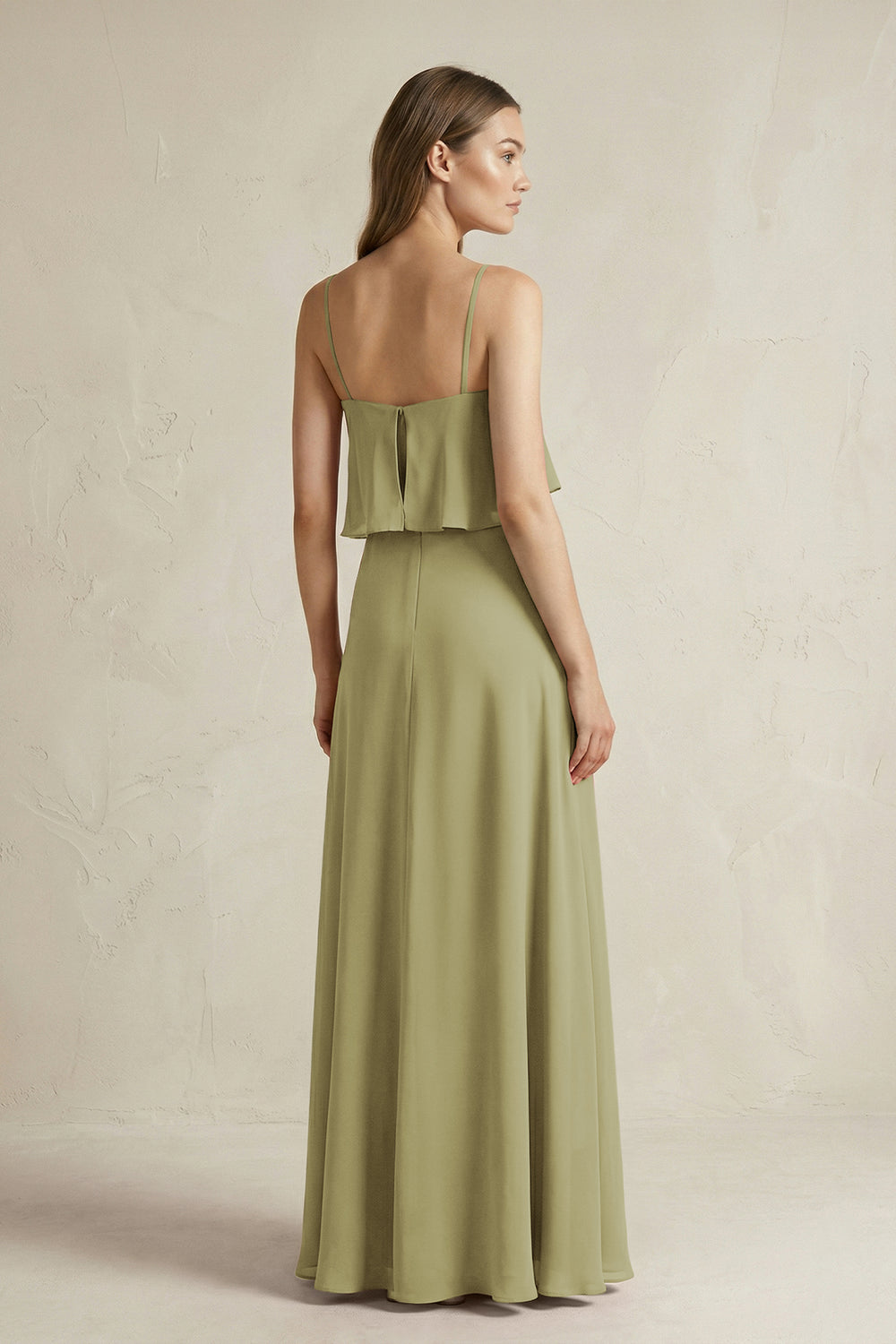 Ruffled Spaghetti Strap A-Line Chiffon Bridesmaid Dress in Moss Green