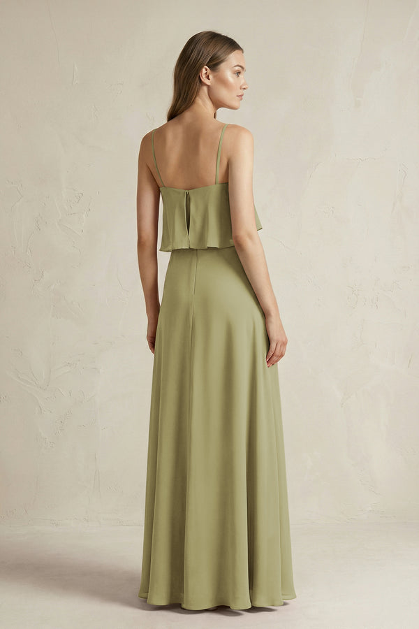 Moss Green Ruffled Spaghetti Strap A-Line Chiffon Bridesmaid Dress in Moss Green (2) | KISSBRIDAL