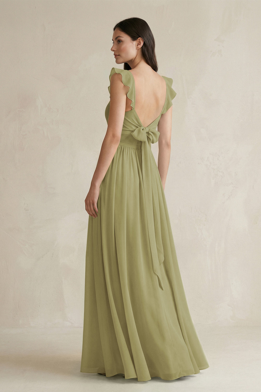 Ruffled Spaghetti Strap Chiffon A-Line Bridesmaid Dress in Moss Green