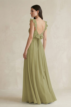 Moss Green Ruffled Spaghetti Strap Chiffon A-Line Bridesmaid Dress (2) | KISSBRIDAL