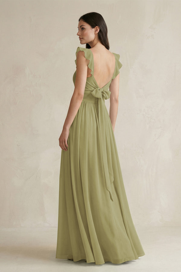 Moss Green Ruffled Spaghetti Strap Chiffon A-Line Bridesmaid Dress (2) | KISSBRIDAL