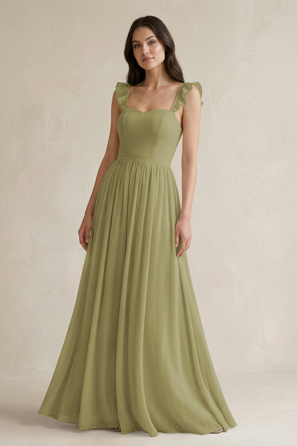 Ruffled Spaghetti Strap Chiffon A-Line Bridesmaid Dress in Moss Green