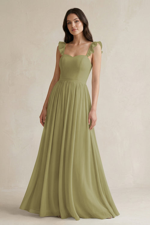 Moss Green Ruffled Spaghetti Strap Chiffon A-Line Bridesmaid Dress | KISSBRIDAL