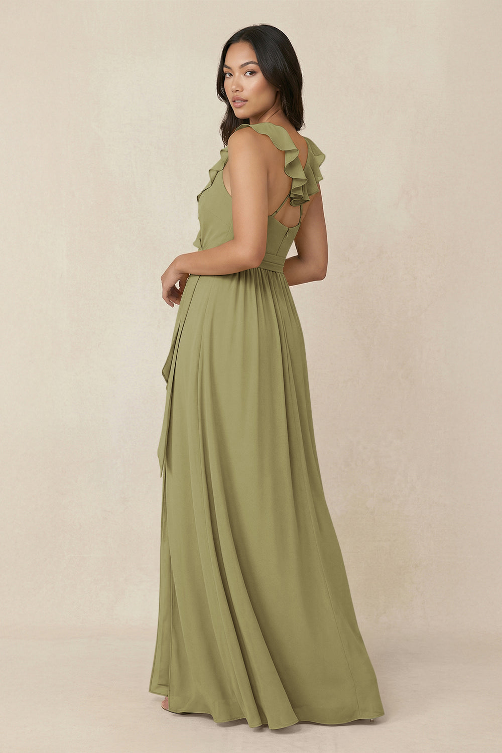 Ruffled V-Neck A-Line Chiffon Bridesmaid Dress in Moss Green