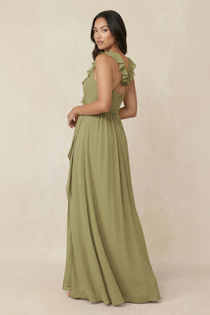 Moss Green Ruffled V-Neck A-Line Chiffon Bridesmaid Dress (2) | KISSBRIDAL