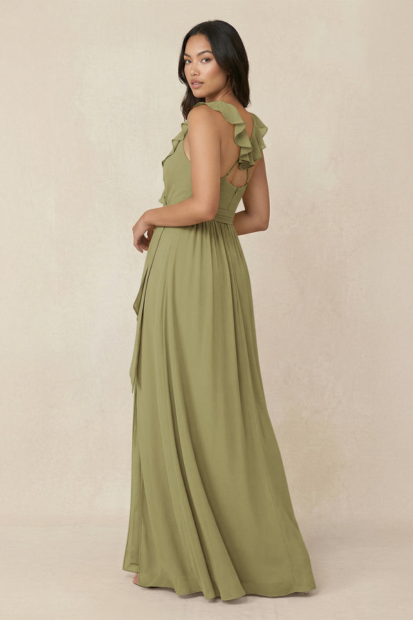 Moss Green Ruffled V-Neck A-Line Chiffon Bridesmaid Dress (2) | KISSBRIDAL