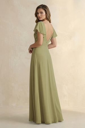 Moss Green Ruffled V-Neck Chiffon A-Line Bridesmaid Dress (2) | KISSBRIDAL