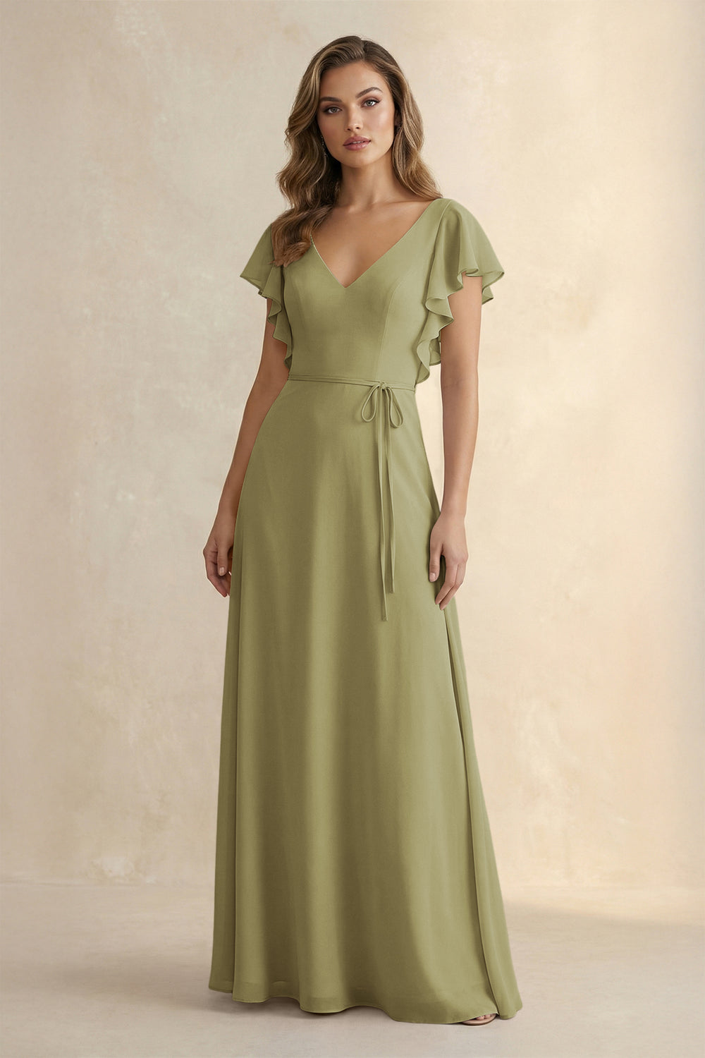 Ruffled V-Neck Chiffon A-Line Bridesmaid Dress in Moss Green