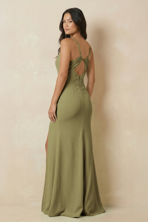 Moss Green Sheath Cami Strap Chiffon Bridesmaid Dress with Slit (2) | KISSBRIDAL