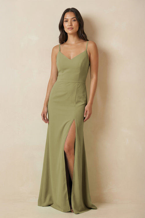 Moss Green Sheath Cami Strap Chiffon Bridesmaid Dress with Slit | KISSBRIDAL