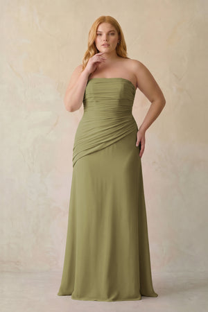 Moss Green Sheath Chiffon Strapless Pleated Bridesmaid Dress [sizeplus] (3) | KISSBRIDAL