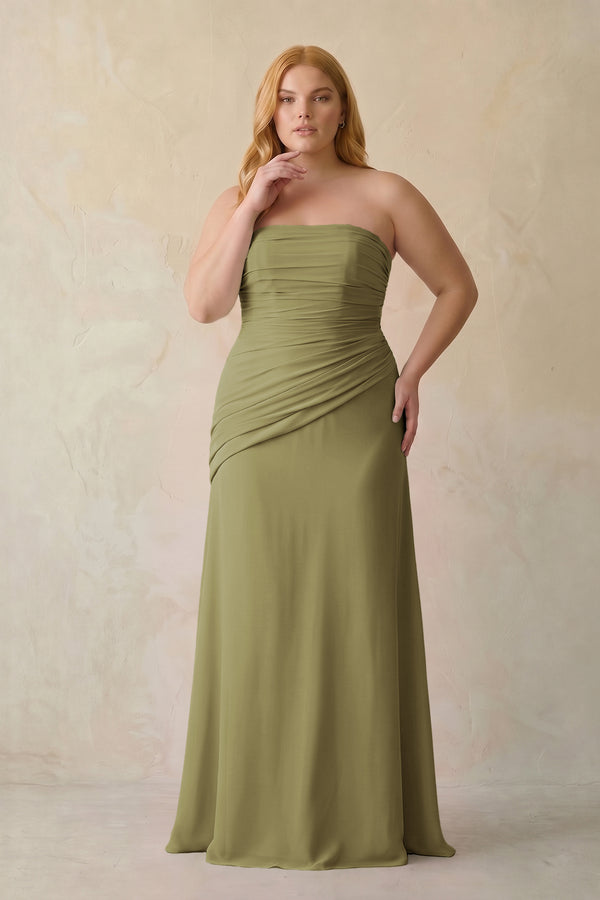 Moss Green Sheath Chiffon Strapless Pleated Bridesmaid Dress [sizeplus] (3) | KISSBRIDAL