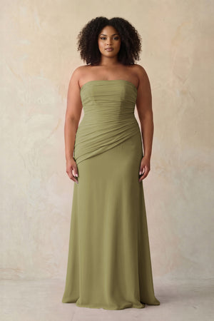 Moss Green Sheath Chiffon Strapless Pleated Bridesmaid Dress [sizeplus] | KISSBRIDAL