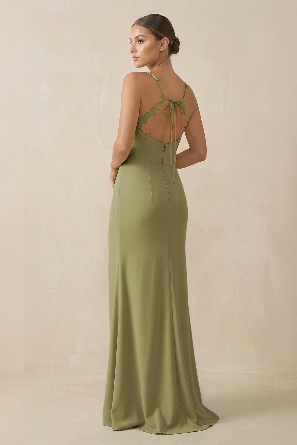 Sheath Spaghetti Straps Chiffon Long Bridesmaid Dress in Moss Green