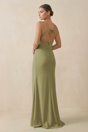 Moss Green Sheath Spaghetti Straps Chiffon Long Bridesmaid Dress (2) | KISSBRIDAL
