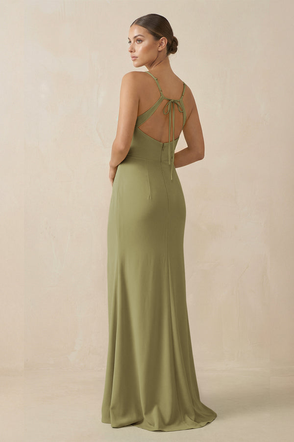 Moss Green Sheath Spaghetti Straps Chiffon Long Bridesmaid Dress (2) | KISSBRIDAL