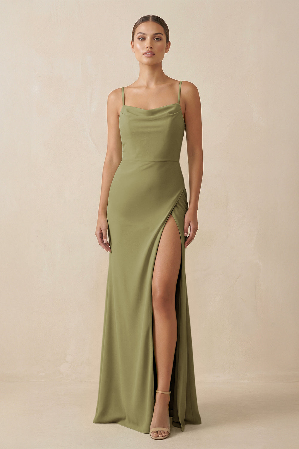 Sheath Spaghetti Straps Chiffon Long Bridesmaid Dress in Moss Green