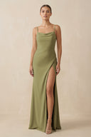 Moss Green Sheath Spaghetti Straps Chiffon Long Bridesmaid Dress | KISSBRIDAL