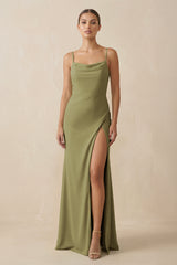 Moss Green Sheath Spaghetti Straps Chiffon Long Bridesmaid Dress | KISSBRIDAL