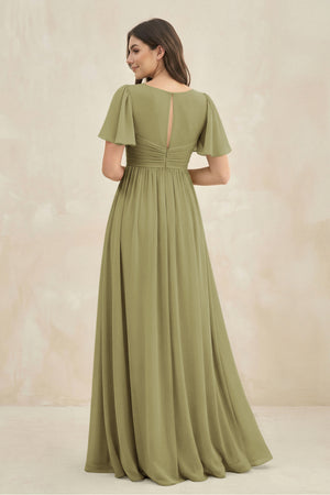 Moss Green Short Sleeve Chiffon V-Neck A-Line Bridesmaid Dress (2) | KISSBRIDAL