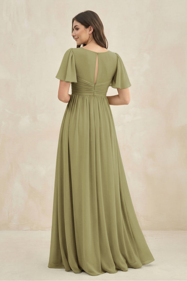 Moss Green Short Sleeve Chiffon V-Neck A-Line Bridesmaid Dress (2) | KISSBRIDAL