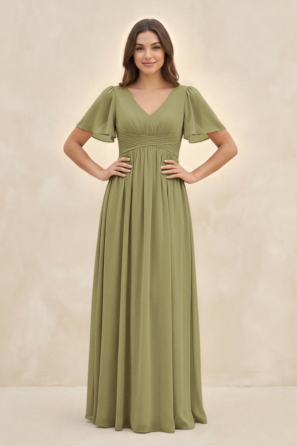 Short Sleeve Chiffon V-Neck A-Line Bridesmaid Dress in Moss Green