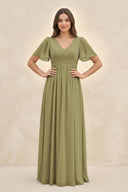 Moss Green Short Sleeve Chiffon V-Neck A-Line Bridesmaid Dress | KISSBRIDAL
