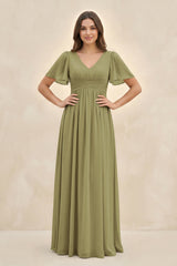 Moss Green Short Sleeve Chiffon V-Neck A-Line Bridesmaid Dress | KISSBRIDAL