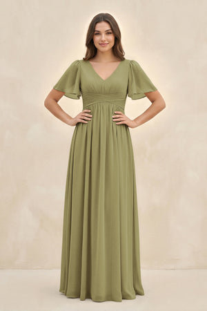 Moss Green Short Sleeve Chiffon V-Neck A-Line Bridesmaid Dress | KISSBRIDAL