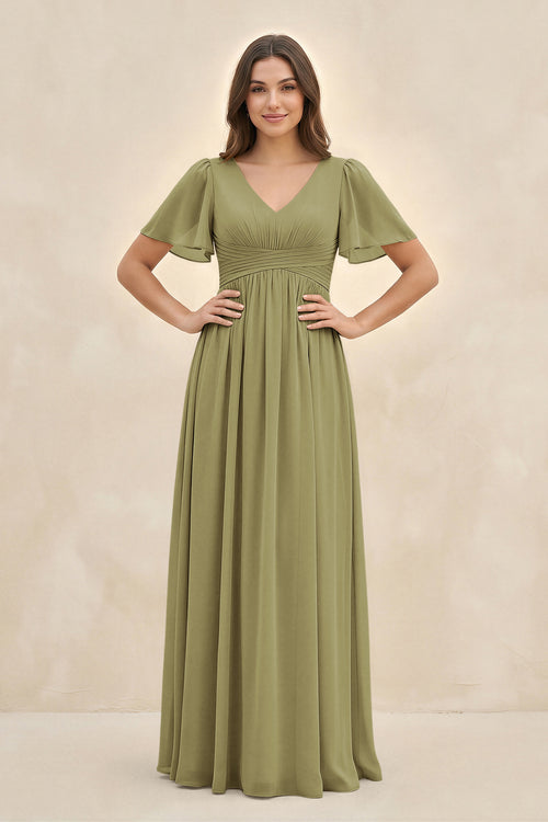 Moss Green Short Sleeve Chiffon V-Neck A-Line Bridesmaid Dress | KISSBRIDAL