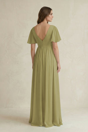 Moss Green Short Sleeve V-Neck A-Line Chiffon Bridesmaid Dress (2) | KISSBRIDAL