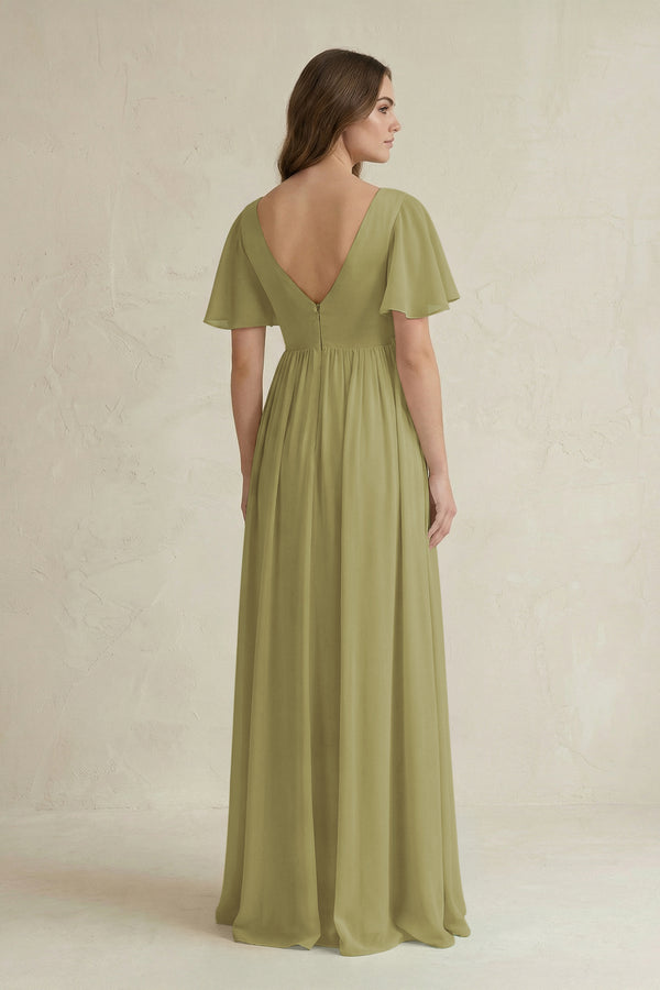 Moss Green Short Sleeve V-Neck A-Line Chiffon Bridesmaid Dress (2) | KISSBRIDAL