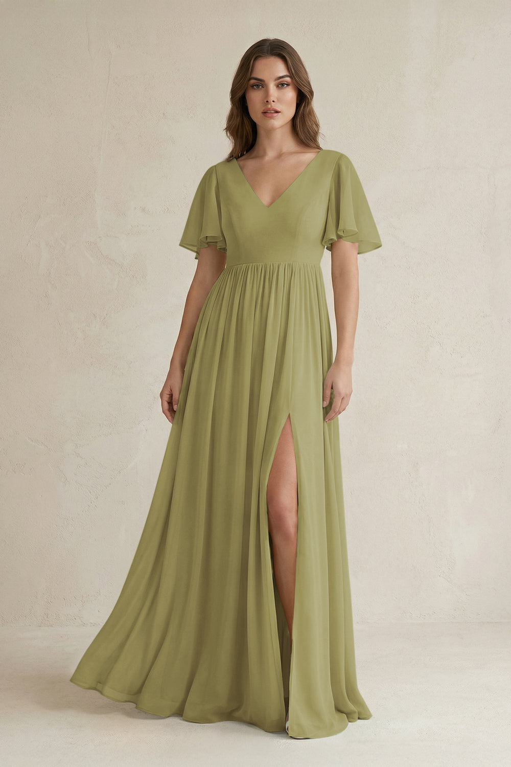 Short Sleeve V-Neck A-Line Chiffon Bridesmaid Dress in Moss Green