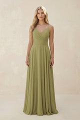 Moss Green Spaghetti Strap A-Line Chiffon Bridesmaid Dress | KISSBRIDAL