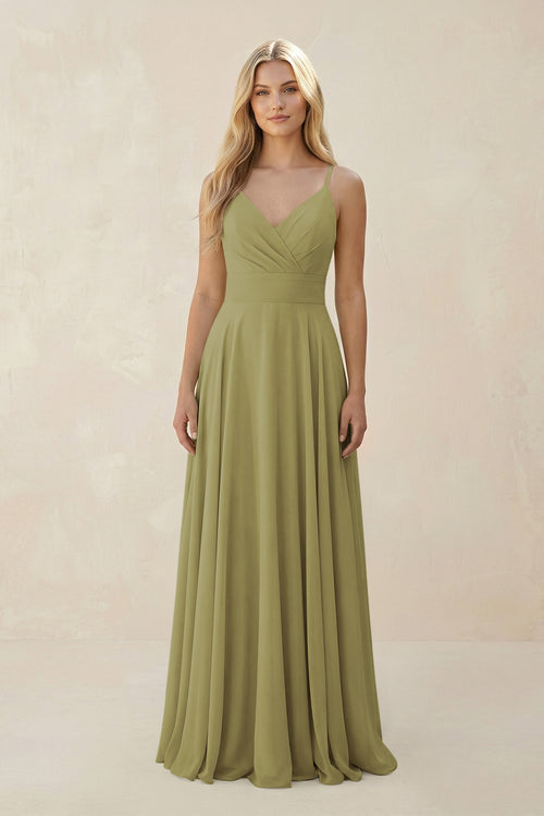 Moss Green Spaghetti Strap A-Line Chiffon Bridesmaid Dress | KISSBRIDAL