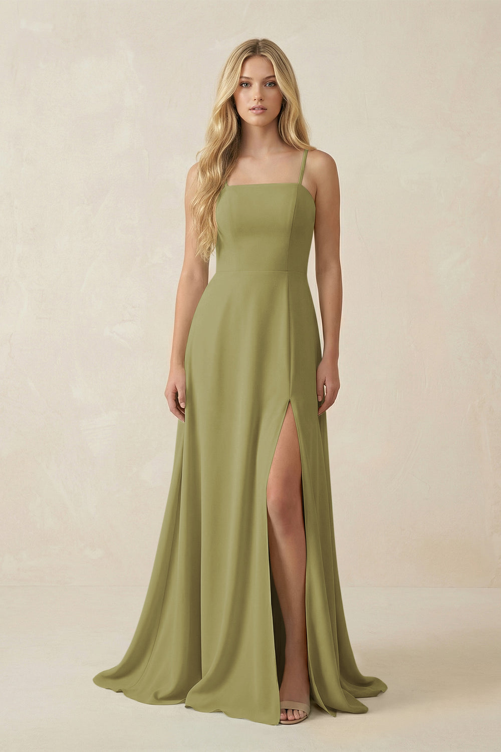 Spaghetti Strap Chiffon A-Line Bridesmaid Dress in Moss Green
