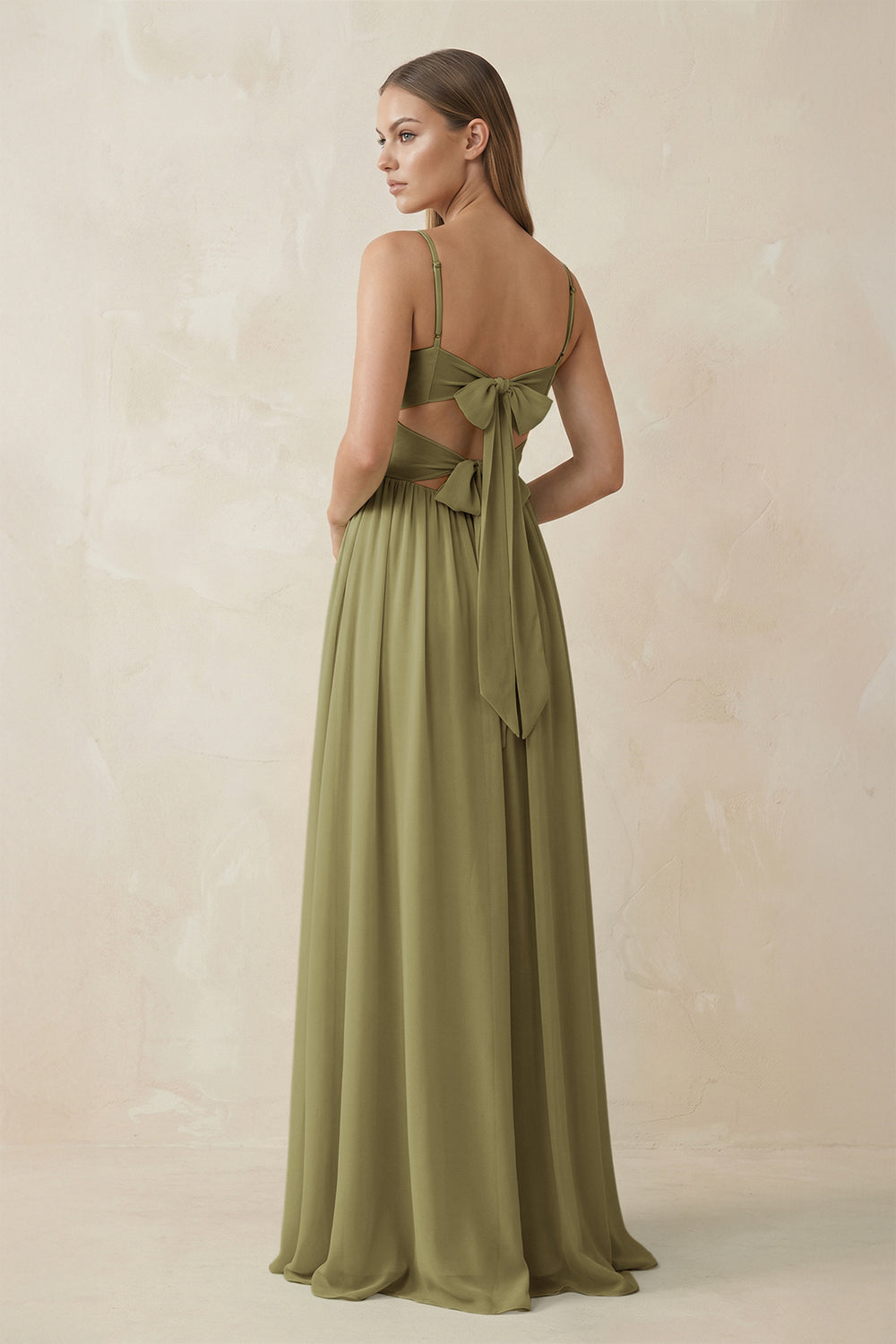 Spaghetti Strap Pleated A-Line Chiffon Bridesmaid Dress in Moss Green