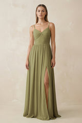 Moss Green Spaghetti Strap Pleated A-Line Chiffon Bridesmaid Dress | KISSBRIDAL