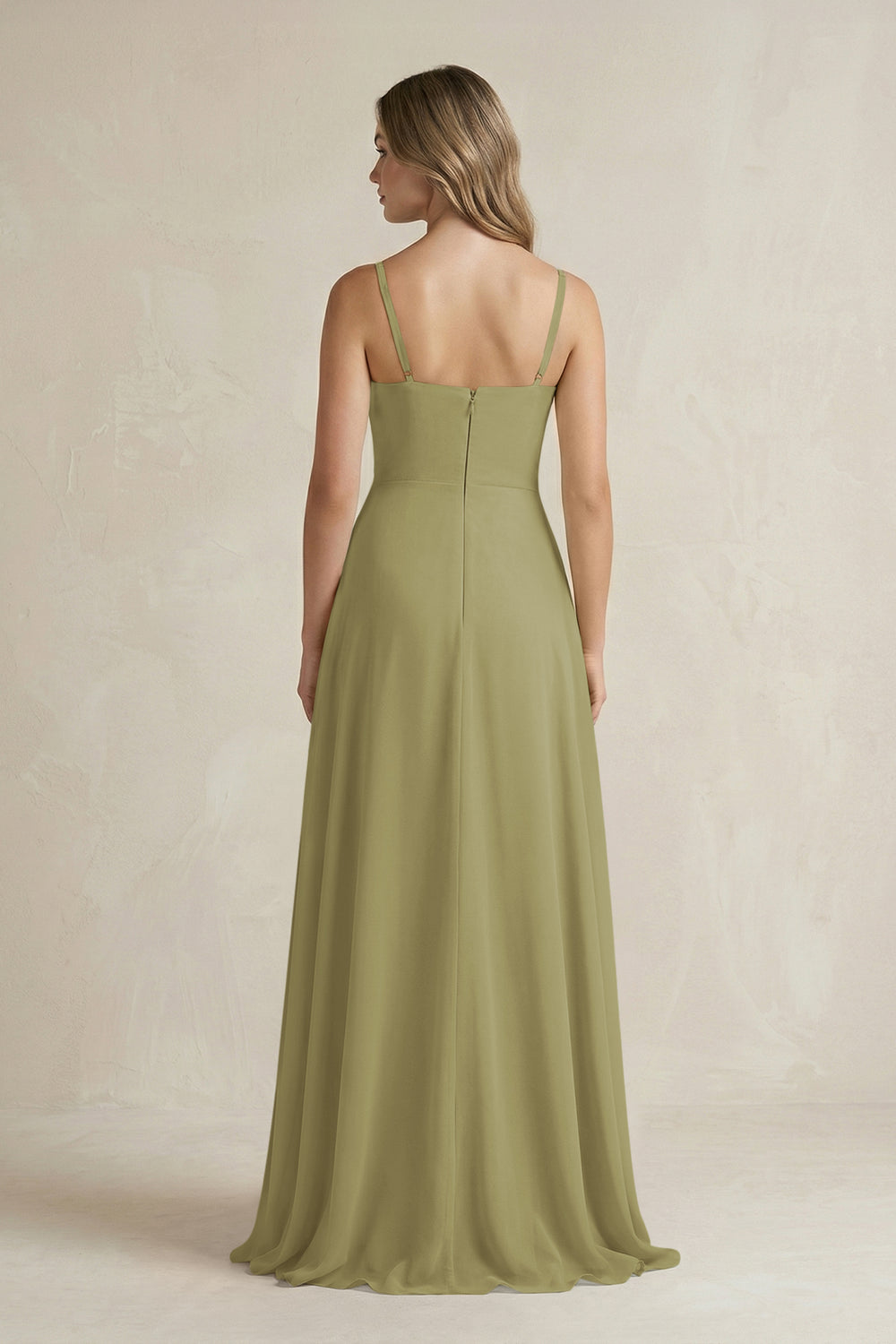 Spaghetti Strap Ruffled A-Line Chiffon Bridesmaid Dress in Moss Green