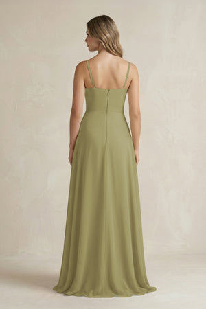 Moss Green Spaghetti Strap Ruffled A-Line Chiffon Bridesmaid Dress (2) | KISSBRIDAL