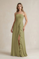 Moss Green Spaghetti Strap Ruffled A-Line Chiffon Bridesmaid Dress | KISSBRIDAL