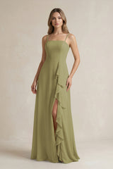 Moss Green Spaghetti Strap Ruffled A-Line Chiffon Bridesmaid Dress | KISSBRIDAL