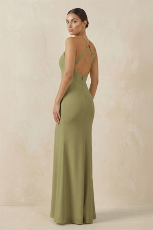 Moss Green Spaghetti Strap Sheath Chiffon Bridesmaid Dress With Slit (2) | KISSBRIDAL