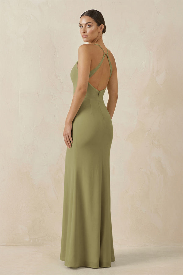 Moss Green Spaghetti Strap Sheath Chiffon Bridesmaid Dress With Slit (2) | KISSBRIDAL
