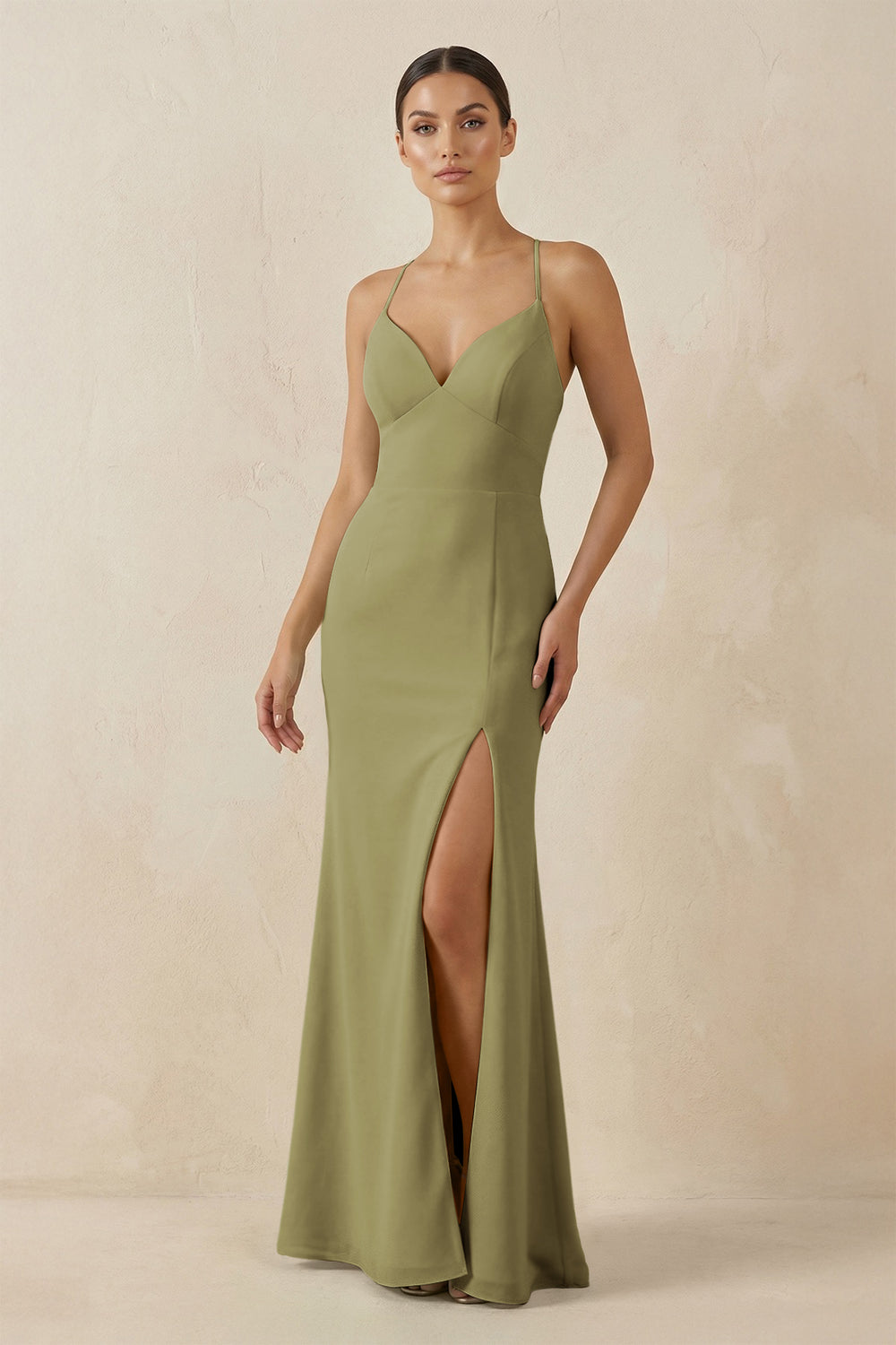 Spaghetti Strap Sheath Chiffon Bridesmaid Dress With Slit in Moss Green