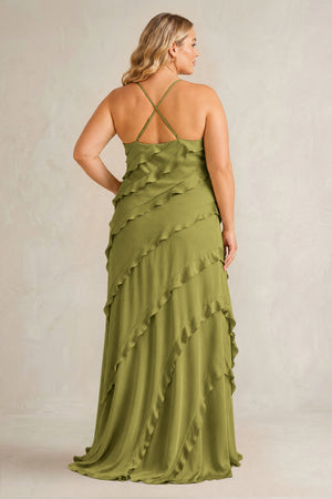 Moss Green Spaghetti Straps Sheath Stain Ruffled Bridesmaid Dress (2) | KISSBRIDAL[sizeplus]
