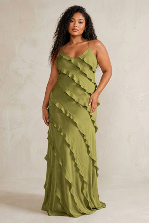 Moss Green Spaghetti Straps Sheath Stain Ruffled Bridesmaid Dress (3) | KISSBRIDAL[sizeplus]