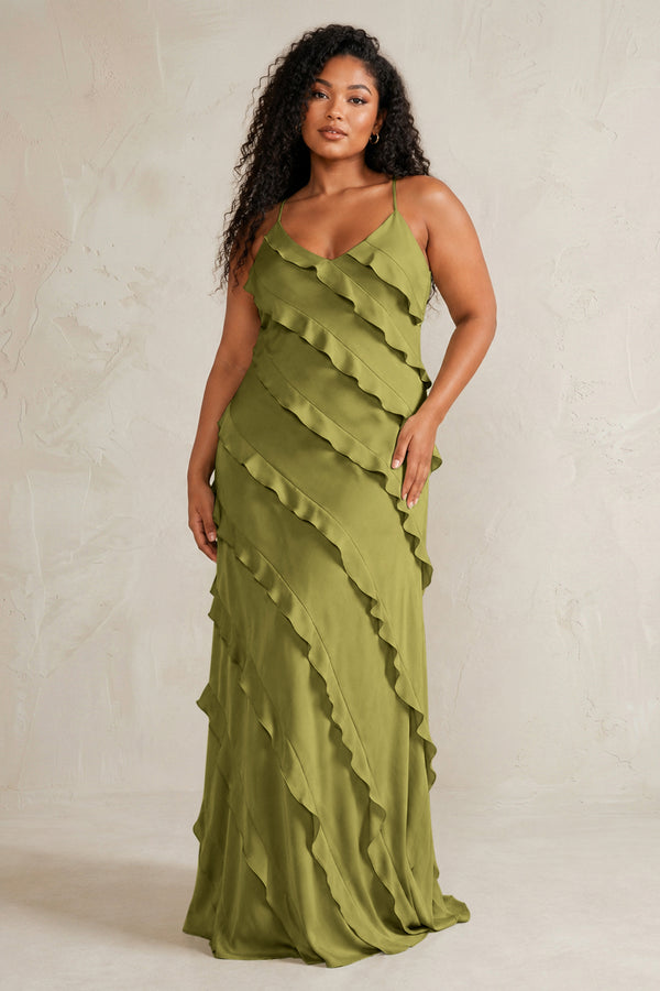 Moss Green Spaghetti Straps Sheath Stain Ruffled Bridesmaid Dress (3) | KISSBRIDAL[sizeplus]